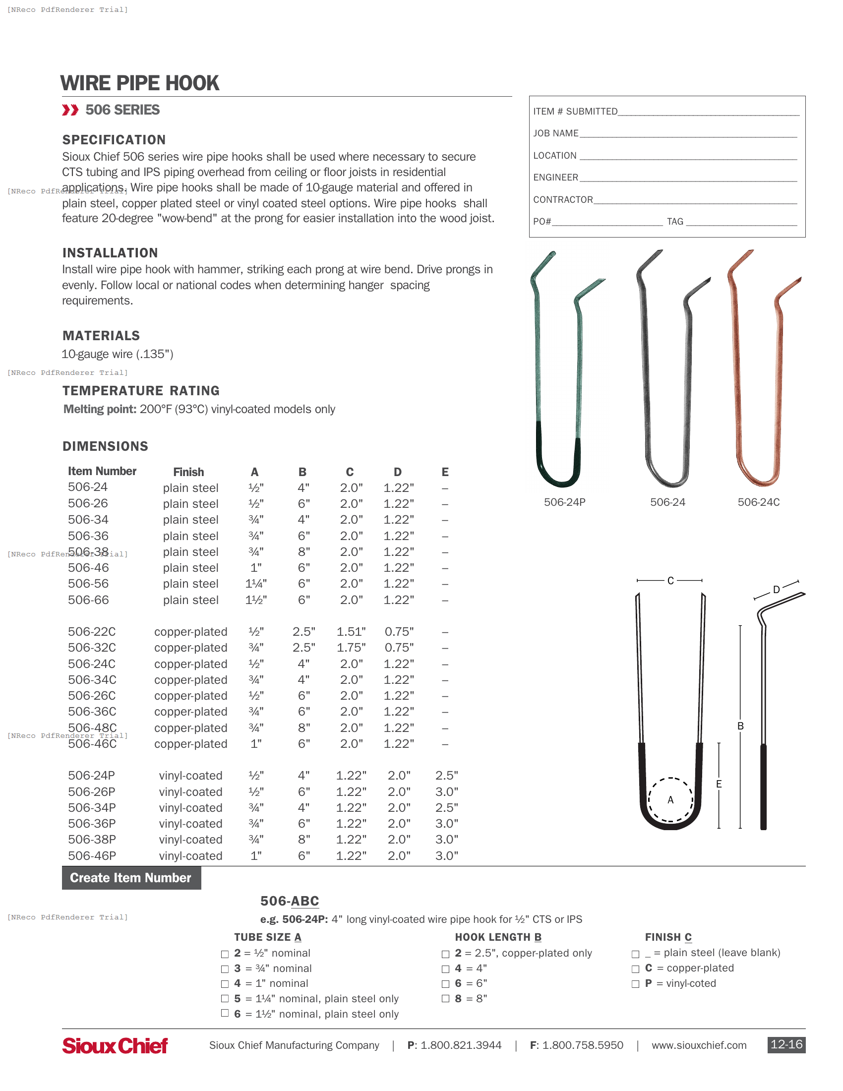 506  SERIES - WIRE PIPE HOOK - SPEC SHEET.PDF Specification Document